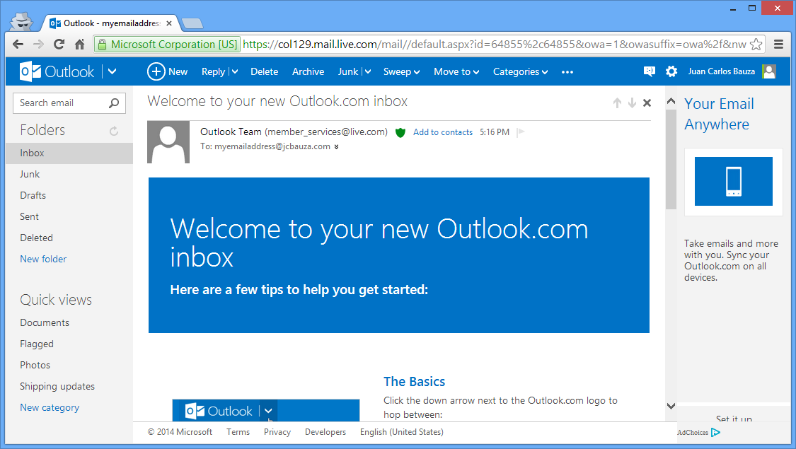 Kx.CloudIngenium.com - How to Use your own Domain name with Outlook.com as the backend - Welcome to your new Outlook.com inbox - email